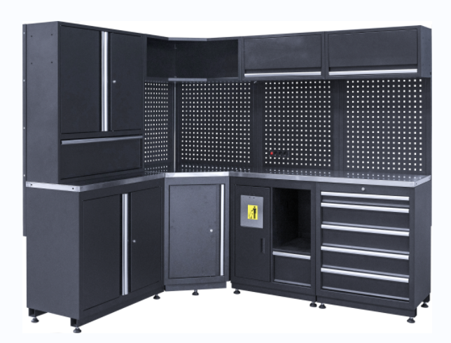 GLG7000C Garage Storage Steel Modular Workbench with Corner Tool Cabinet and Red Metal Toolbox